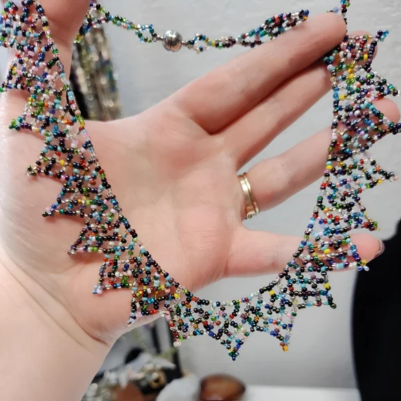 Handcrafted Glass Seed Bead Collar Necklace Rainbow Lace Sunburst Pattern 16" - Picture 9 of 10